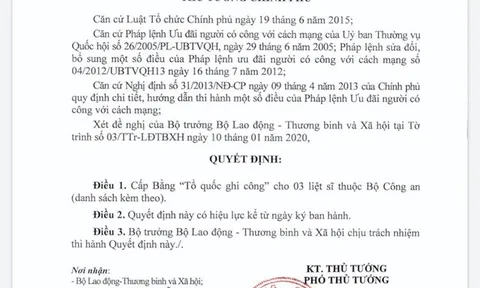 Cấp bằng Tổ quốc ghi công cho ba chiến sĩ hi sinh ở Đồng Tâm
