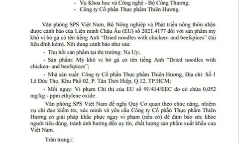 Mì khô vị bò gà của Thiên Hương bị thu hồi vì nghi chứa chất độc hại