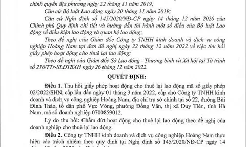 Thu hồi giấy phép hoạt động cho thuê lại lao động của Công ty kinh doanh và dịch vụ công nghiệp Hoàng Nam