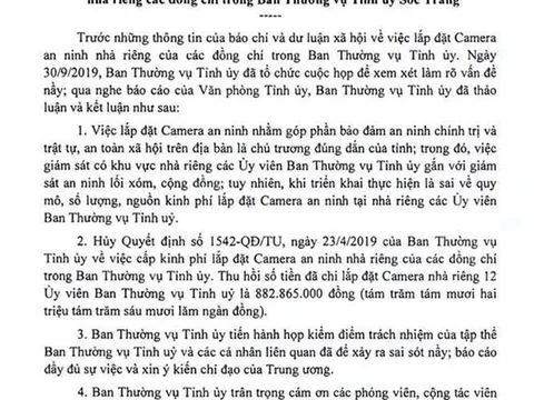 Sóc Trăng hủy quyết định chi gần 1 tỷ gắn camera tại nhà cán bộ Thường vụ