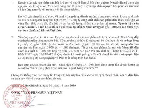 Công ty Cổ phần Sữa Việt Nam Vinamilk thông cáo về nguồn nguyên liệu để sản xuất các sản phẩm sữa