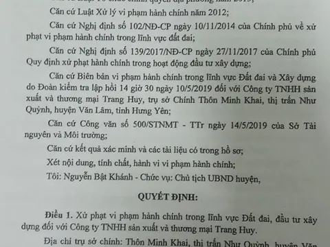 Công ty Trang Huy chây ỳ trong việc chấp hành quyết định xử phạt hành chính