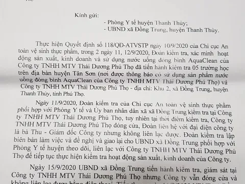 Sản phẩm nước uống tinh khiết mang nhãn hiệu công ty Thái Dương Phú Thọ lưu thông trên thị trường trái phép