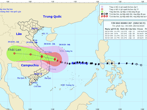 Bão số 9 nằm ngay trên vùng biển ngoài khơi Đà Nẵng - Phú Yên, gió giật cấp 16