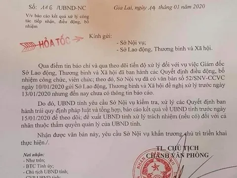 UBND tỉnh Gia Lai ra công văn vụ giám đốc sở LĐ-TB& XH bổ nhiệm hàng loạt cán bộ