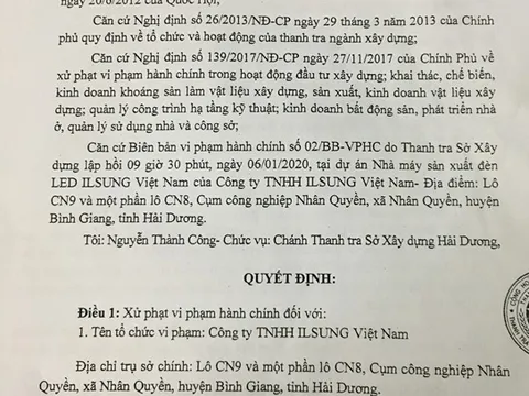 DA của Công ty TNHH ILSUNG bị xử phạt vì thi công khi chưa có GPXD